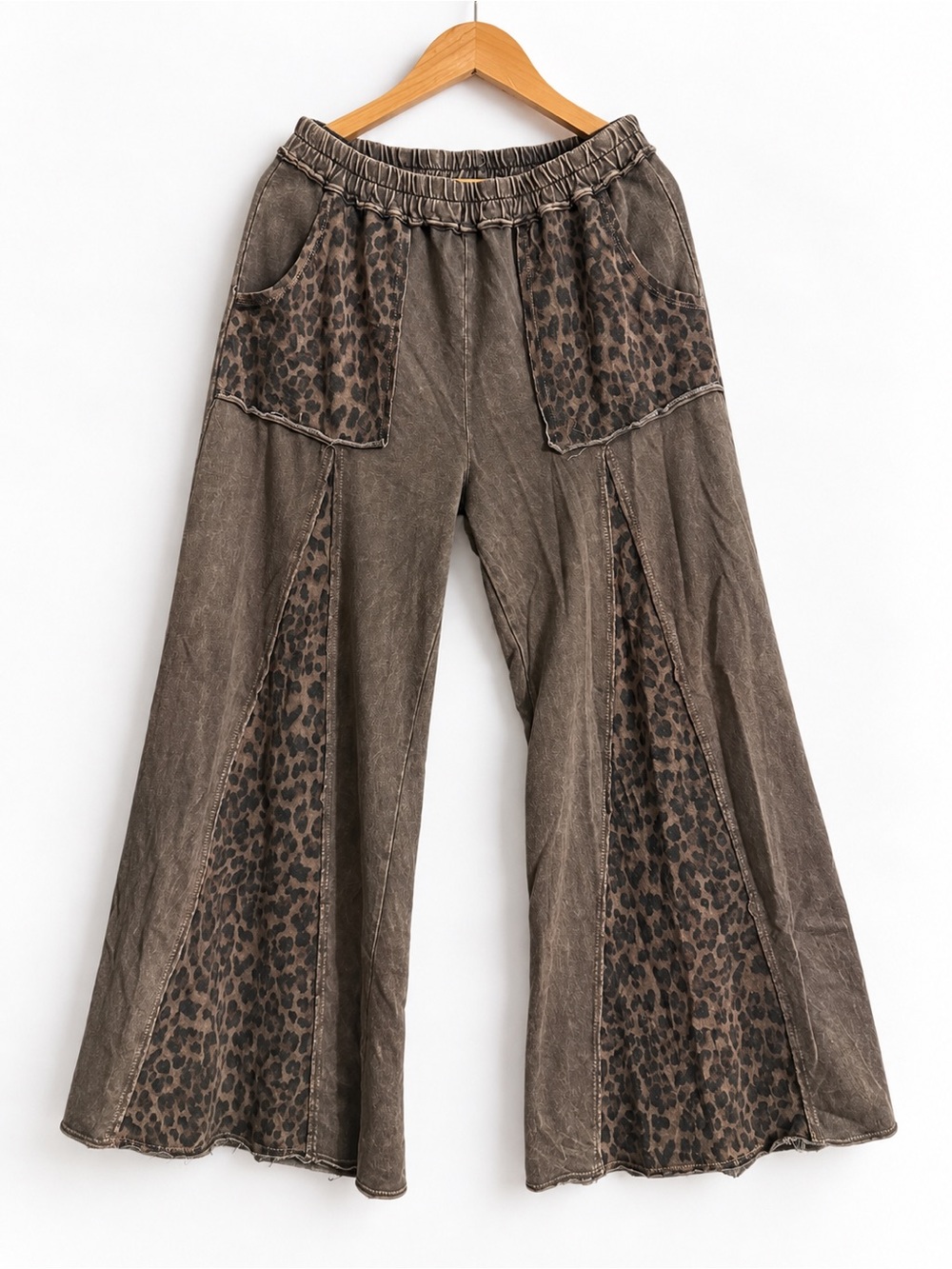 Brown Leopard-Panel Flared Joggers
